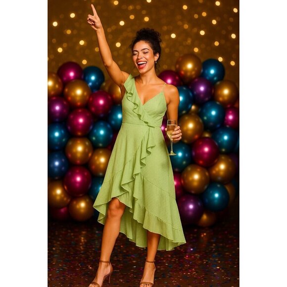 Mac Duggal Dress Womens 0 Green Ruffle Asymmetrical Midi Metallic Dot Party NWT